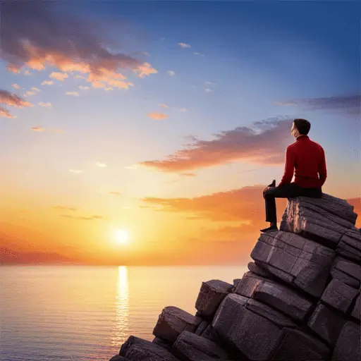 A man is sitting on top of a rock overlooking the ocean at sunset conquering anxiety.