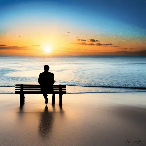 A man with anxiety sitting on a bench on the beach at sunset.