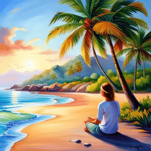 A painting of a man sitting on the beach. Anxiety