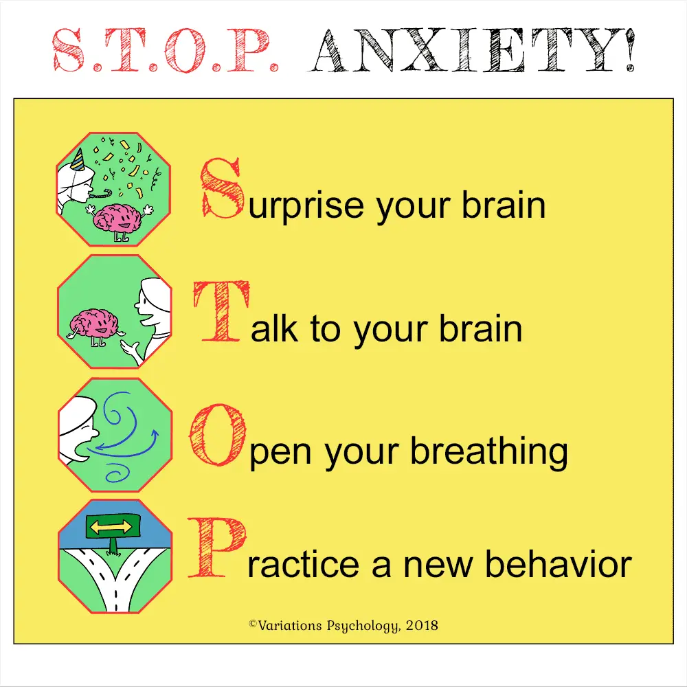 A poster with the words stop anxiety.