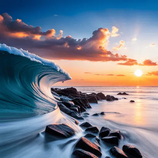 An image of a wave breaking over rocks at sunset.