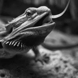 A black and white photo of a bearded dragon.